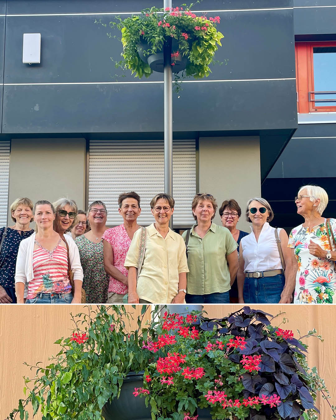 Auf dem Foto sieht man die Landfrauen vor einem Blumenampel