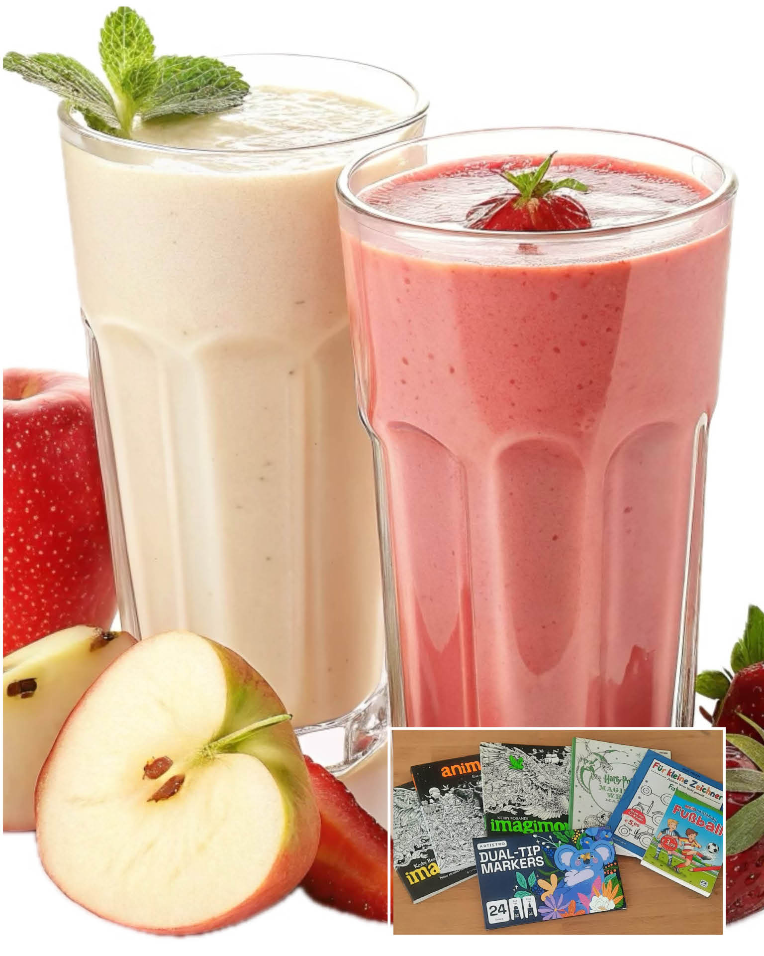 Café kreativ – freitags im ZIMMnER Auf dem Foto zu sehen sind die Milchshakes und Malbücher