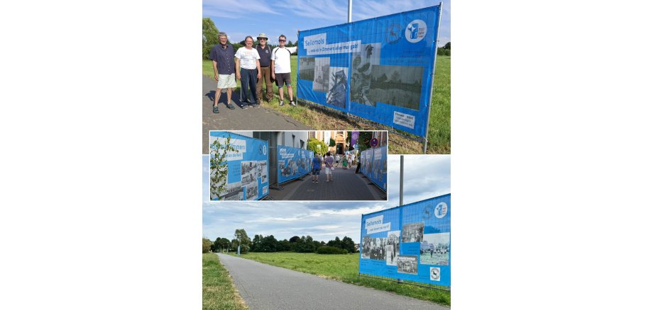 Bildermeile zwischen Klein- und Groß-Zimmern Foto oben: eins der Bildermeilenbanner mit vier Männern der AG Jahrmarkt; Foto Mitte: Bildermeile auf dem Jubiläums-Jahrmarkt; Foto unten: Blick auf den Hans-Geiß-Weg mit einem der Banner