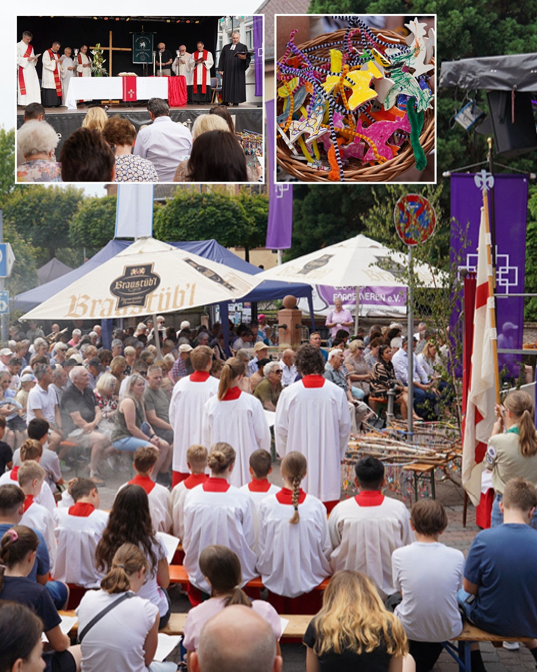 Gottesdienstbesucher auf dem Brunnenplatz vor der evangelischen Kirche; die Pfarrer auf der Bühne; bemalte Giggel im Körbchen