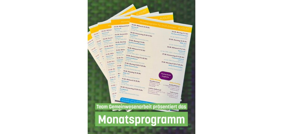 Monatsprogramm August- Gemeinwesenarbeit Auf dem Foto ist der aktuelle Monatsflyer abgebildet