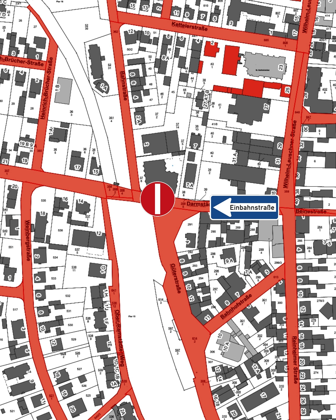 Einbahnstraßenregelung in Darmstädter Straße Die Verkehrsregelung ist in Karte eingezeichnet