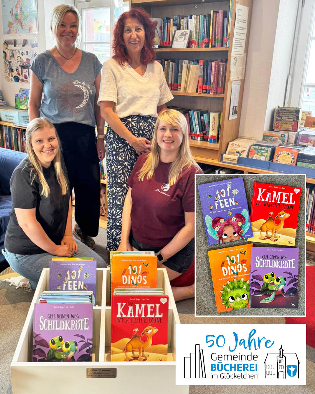 Spende zum 50. Geburtstag der Gemeinde-Bücherei Auf dem Foto sieht man den Team von Gemeinde Bücherei und verschiedene Bücher