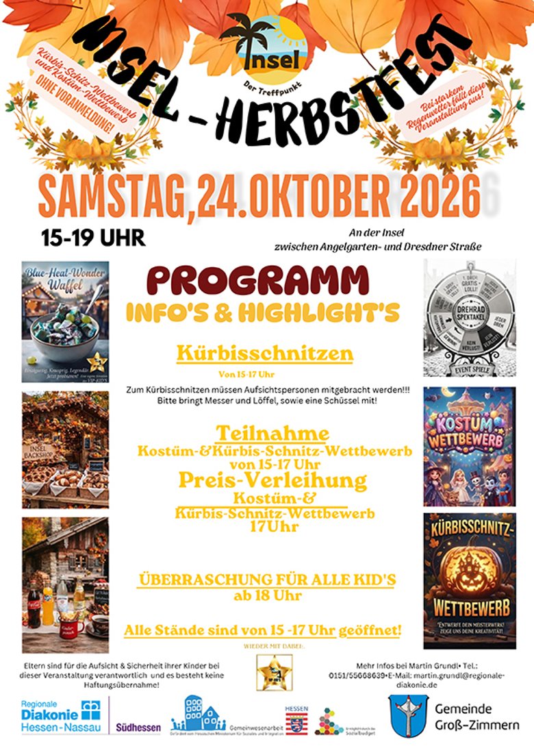 Herbstfest an der INSEL Samstag, 24.10.2026, 15 bis 19 Uhr, Kürbisschnitzen, Kostümwettbewerb, verschiedene Stände, INSEL zwischen Angelgartenstraße und Dresdener Straße