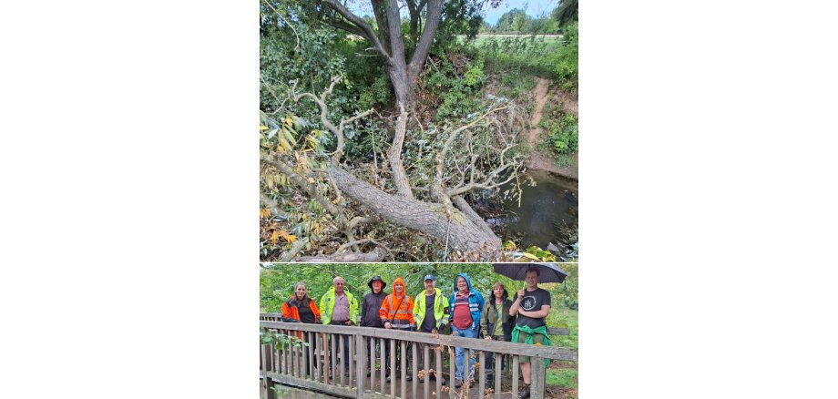 Starkregen und Hochwasser-Info-Mobil kommt nach Groß-Zimmern Auf dem oberen Foto sieht man den umgestürzten Baum an der Gersprenz und auf dem unterem Foto sieht man die Teilnehmer der Gewässerschau