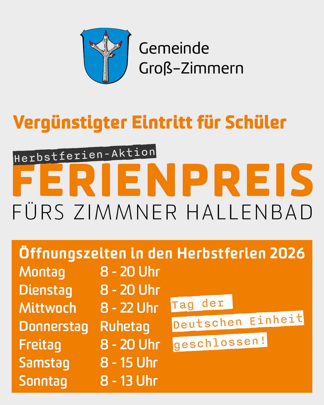 Herbstferien-Öffnungszeiten und Ferienpreis für die Schüler