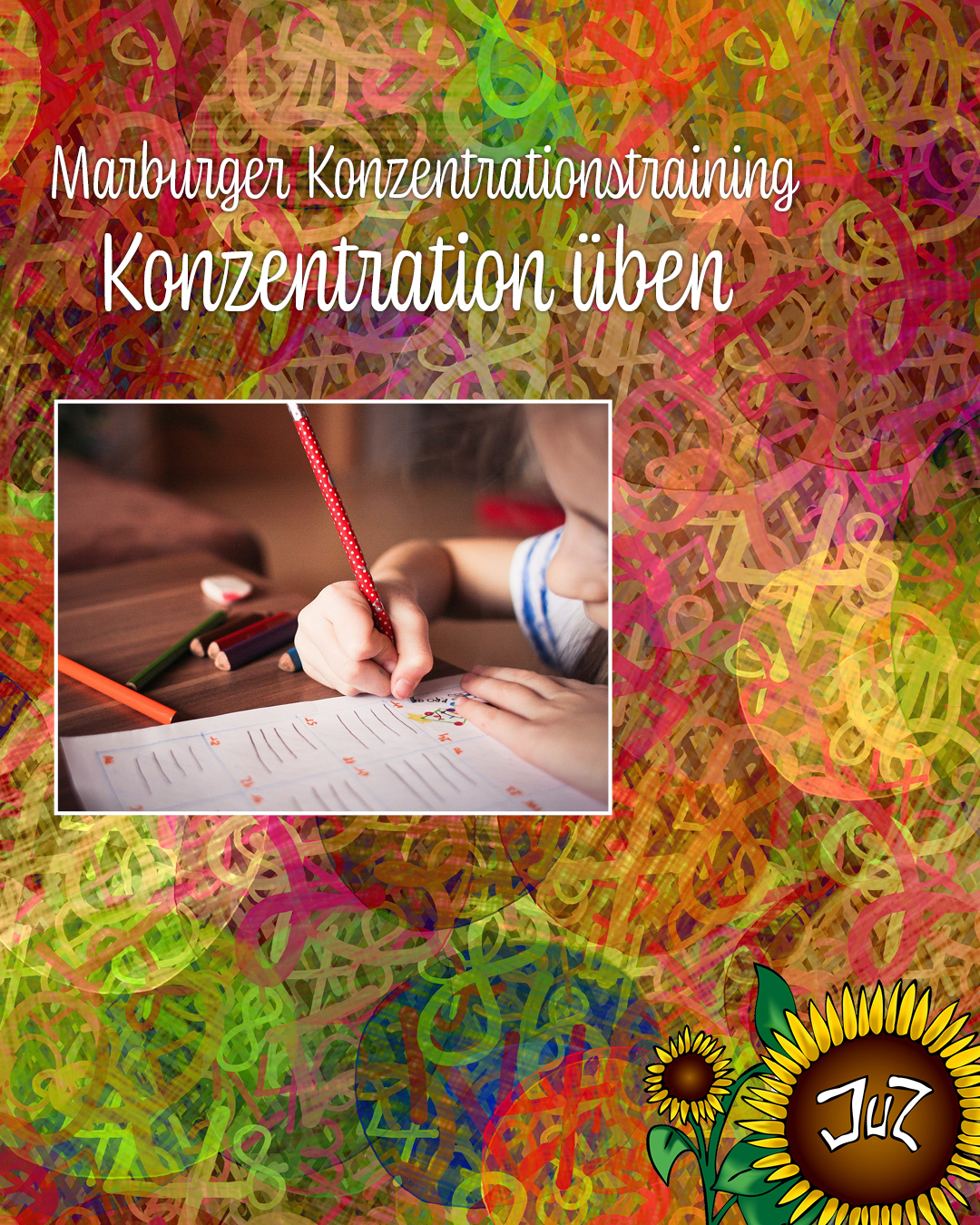 Das Foto verdeutlicht Chaos im Kopf; das kleine Foto zeigt ein Kind beim konzentrierten schriftlichen bearbeiten von Aufgaben