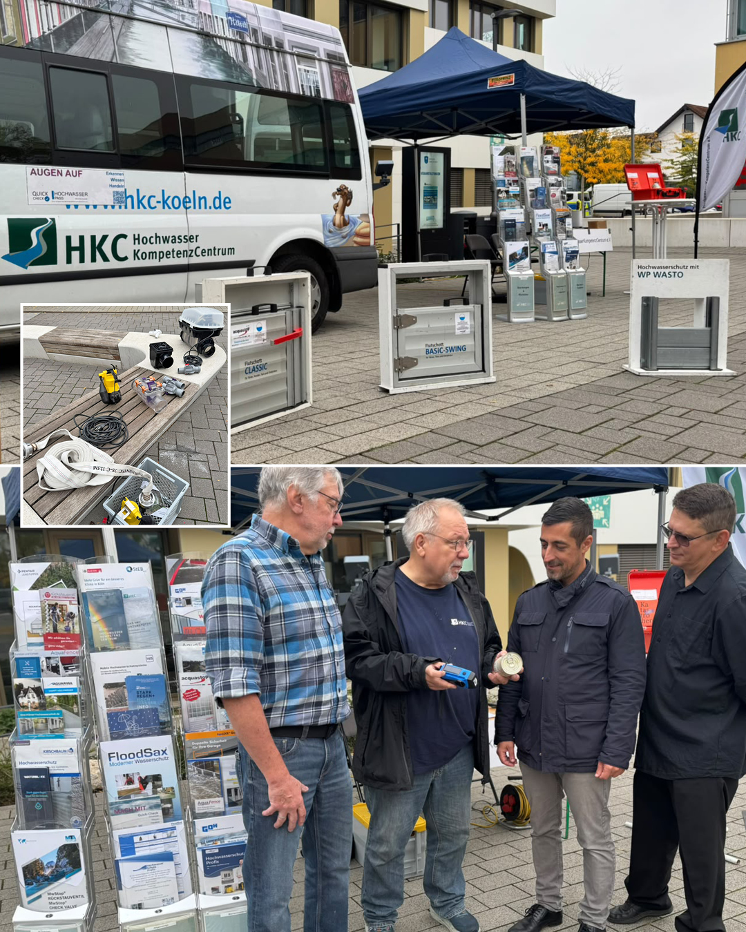 Starkregen und Hochwasser-Info-Mobil kommt nach Groß-Zimmern Auf dem Foto sieht man das Starkregen- und Hochwasser-Infomobil auf dem Rathausplatz mit der Bürgermeister Mark Pullmann und Umweltamt, Dr. Alex Smetana