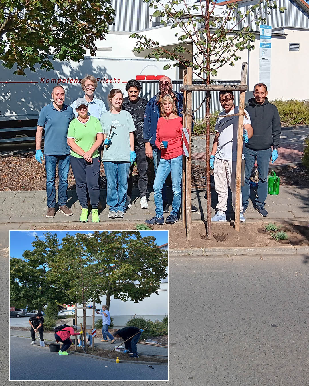 Gemeinsam anpacken Auf dem Foto sieht man die Teilnehmenden der Umweltpatenaktion, auf dem kleinen Foto bei der Arbeit