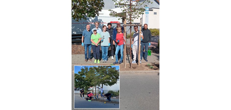 Gemeinsam anpacken Auf dem Foto sieht man die Teilnehmenden der Umweltpatenaktion, auf dem kleinen Foto bei der Arbeit