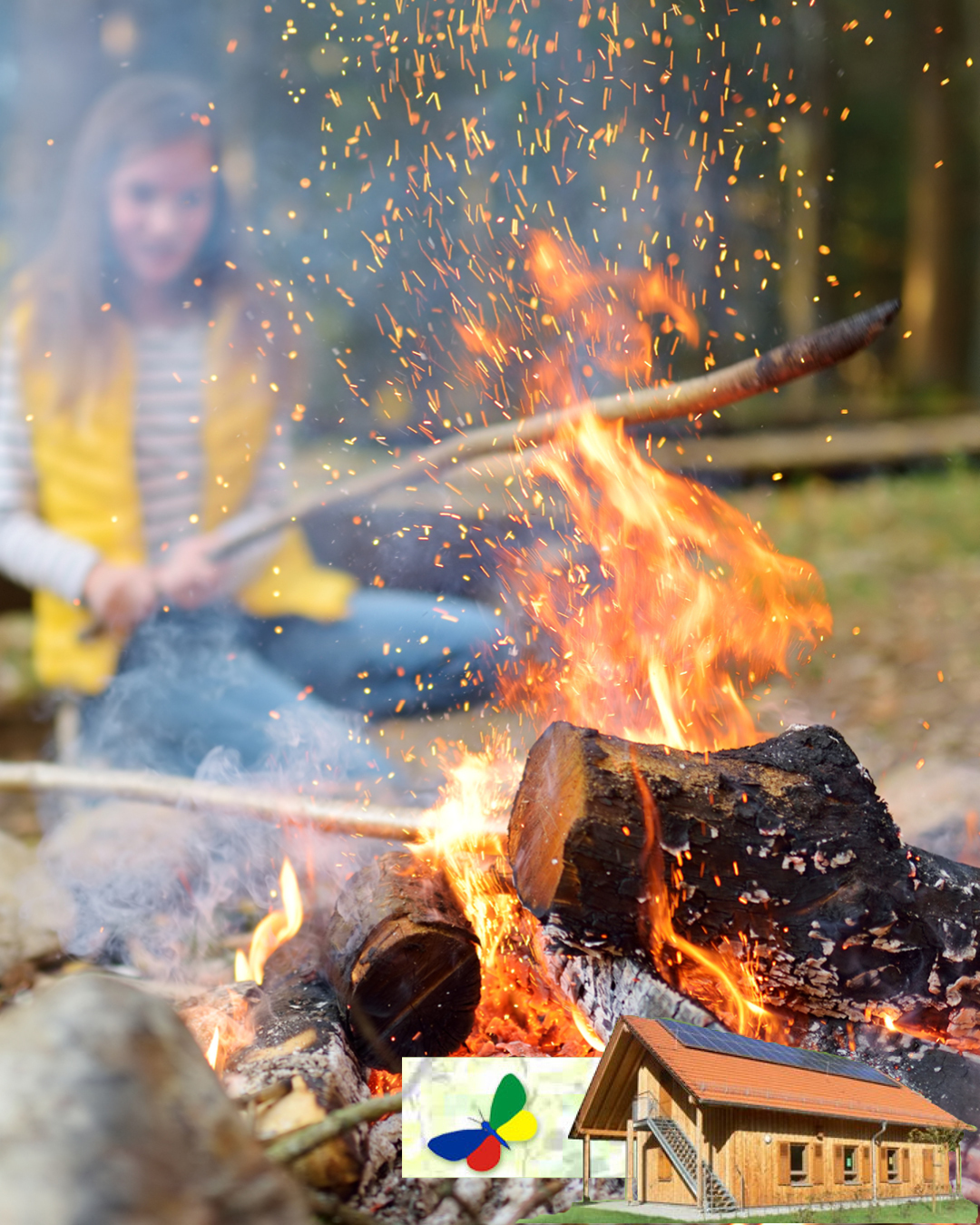 Förderverein Waldschule: Wir machen Feuer Auf dem Bild sieht man ein Mädchen, die ein Feuer macht