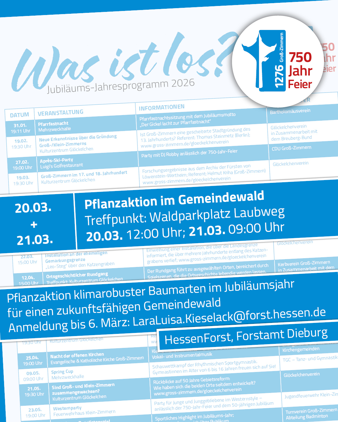 Jubiläums-Jahresprogramm Pflanzaktion Es ist ein Ausschnitt der Vorderseite des Programmflyers zu sehen