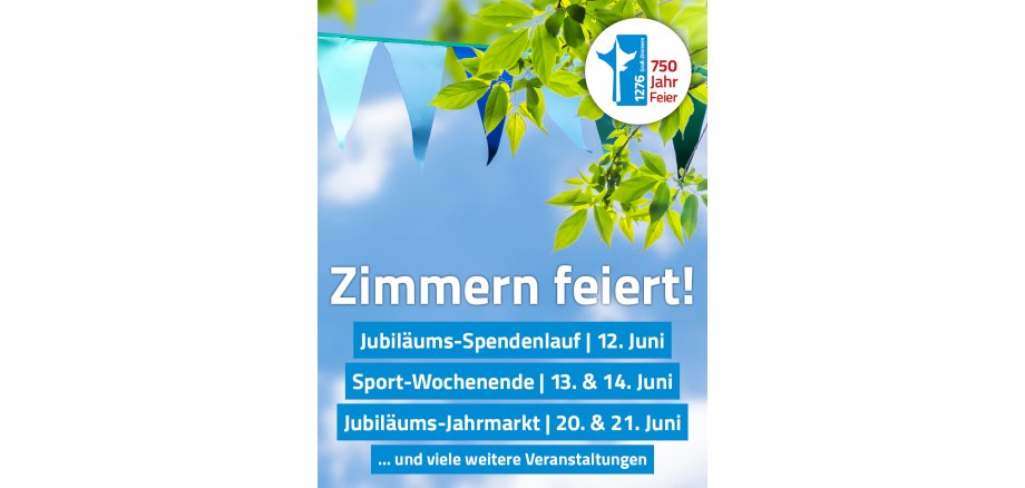 Highlights Jubiläums-Spendenlauf, Sportwochenende und Jubiläums-Jahrmarkt werden mit Datum benannt; Hintergrund Himmel, ein Teil eines Baumes und Wimpelgirlande
