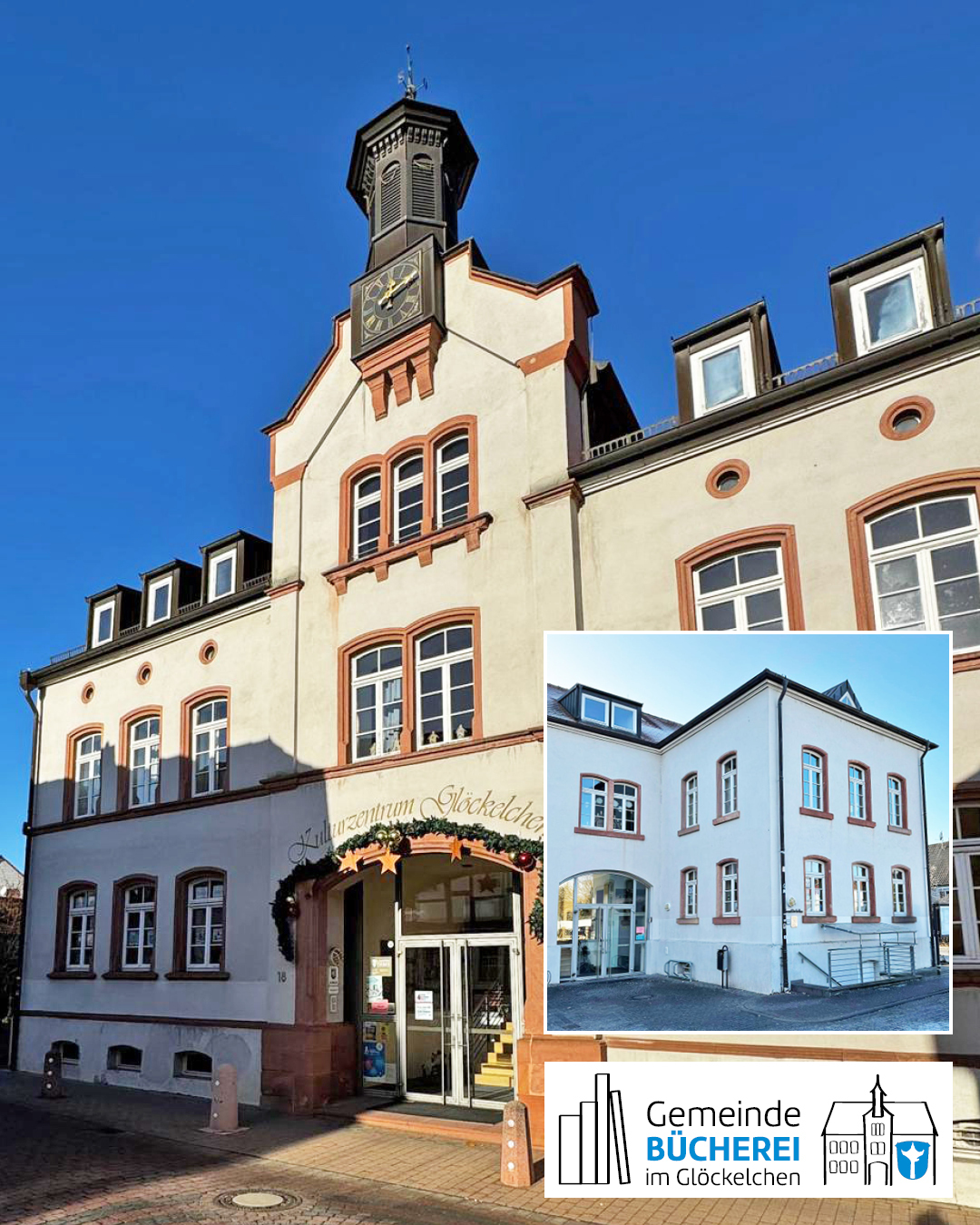 Auf den beiden Fotos ist der Flügel des Glöckelchens, in dem die Gemeinde-Bücherei beheimatet ist, von vorne und von hinten zu sehen