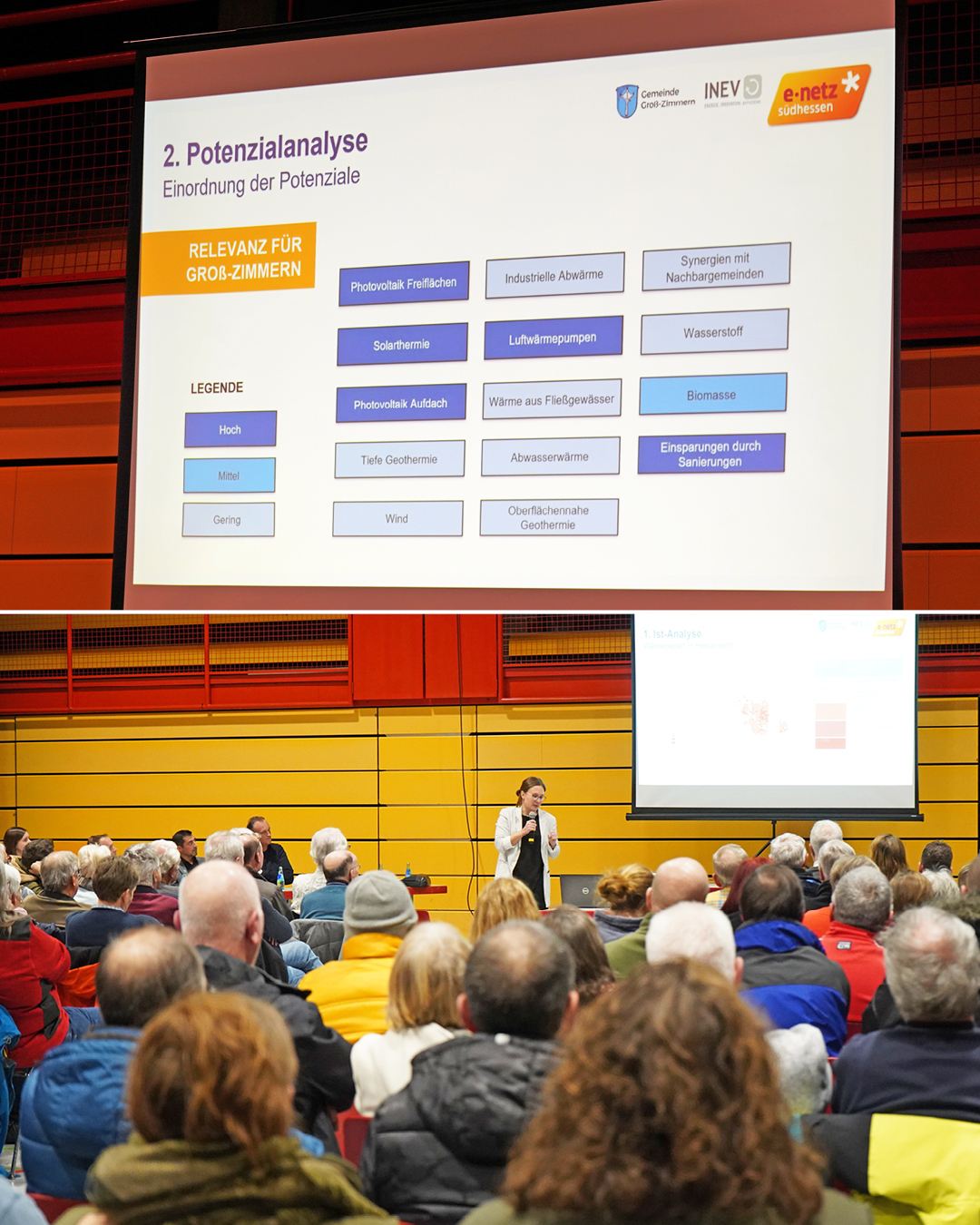 Auf den Fotos sind die Präsentation und die Interessierten auf der Bürgerversammlung zu sehen