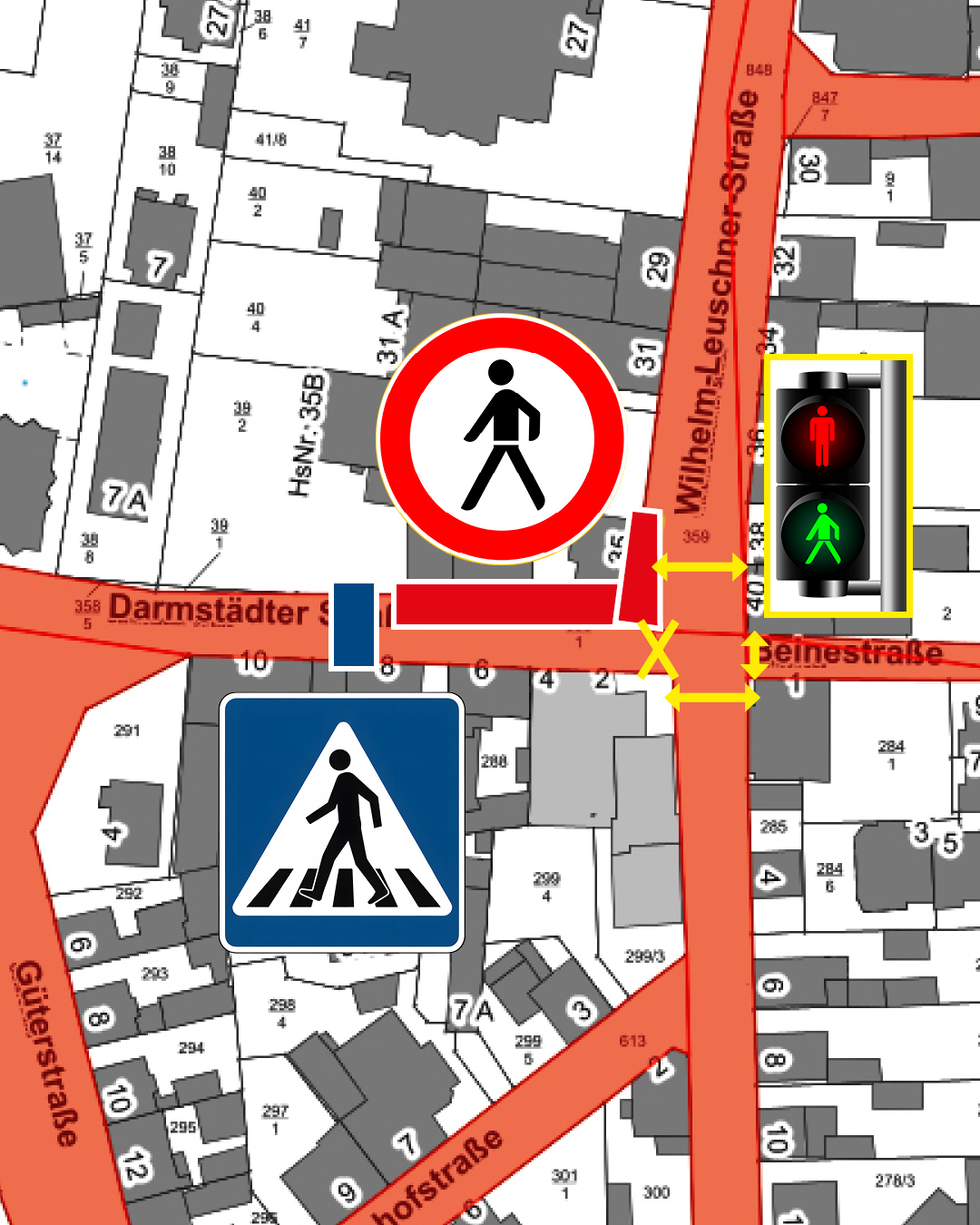 Teilsperrung Kirchstraße Einmündung von Wilhelm-von-Leuschner-Straße Die Sperrung ist in Karte eingezeichnet