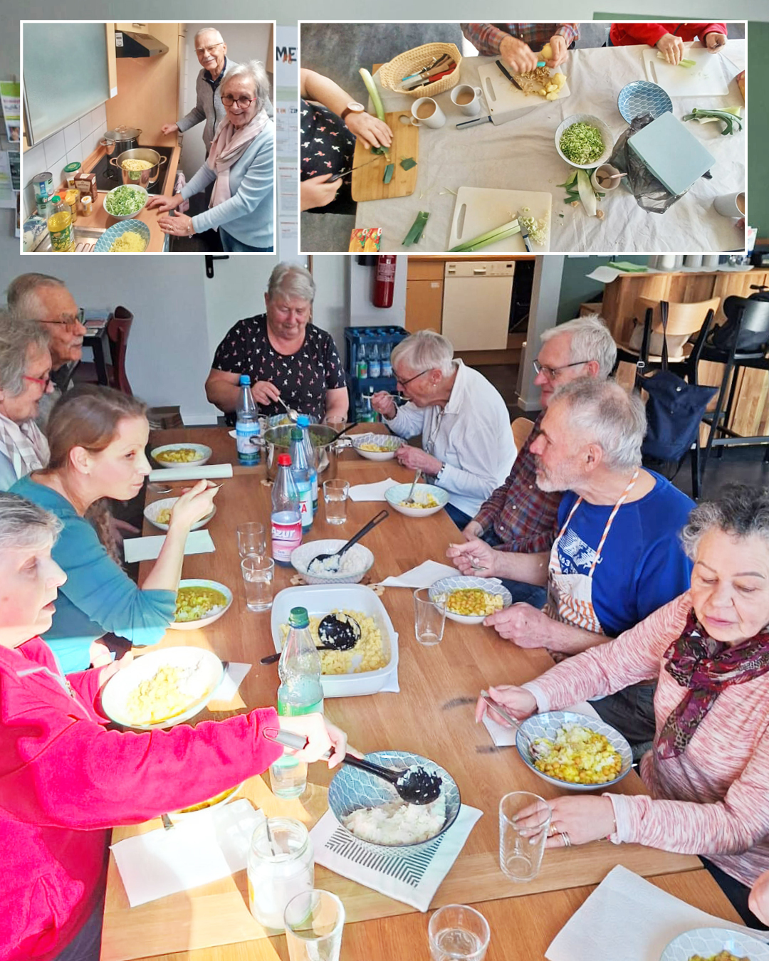 KochKlatsch Die Fotos zeigen die Teilnehmer des KochKlatschs bei der Zubereitung des Kichererbsen-Lauch-Currys und dem gemeinsamen Essen