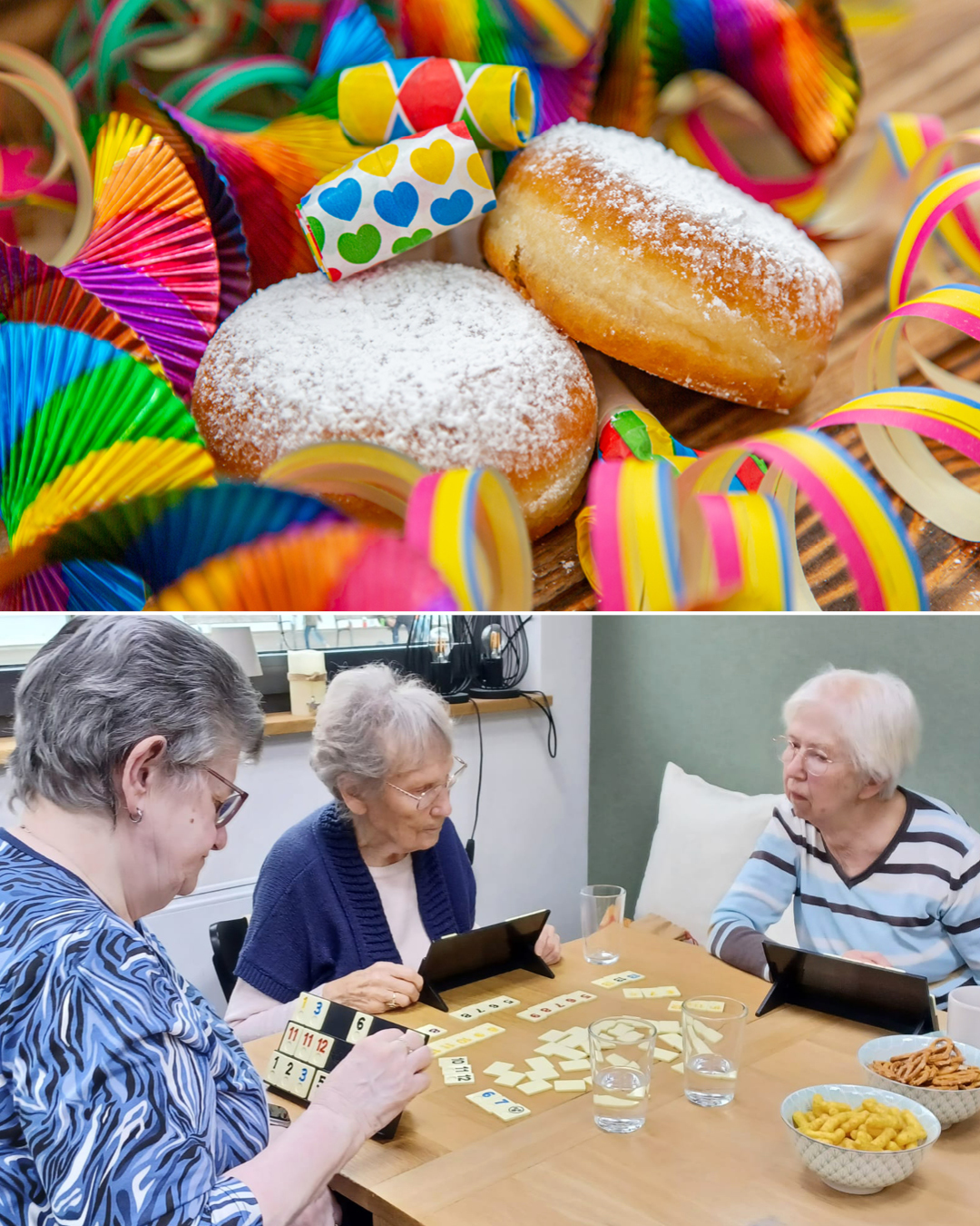 Auf dem einen Foto sind Kräppel und Luftschlangen zu sehen, auf dem anderen Teilnehmende beim Spielen