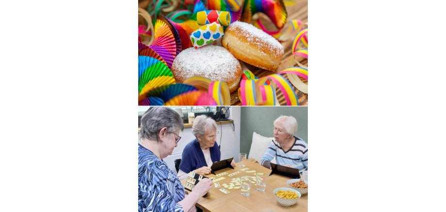 Auf dem einen Foto sind Kräppel und Luftschlangen zu sehen, auf dem anderen Teilnehmende beim Spielen