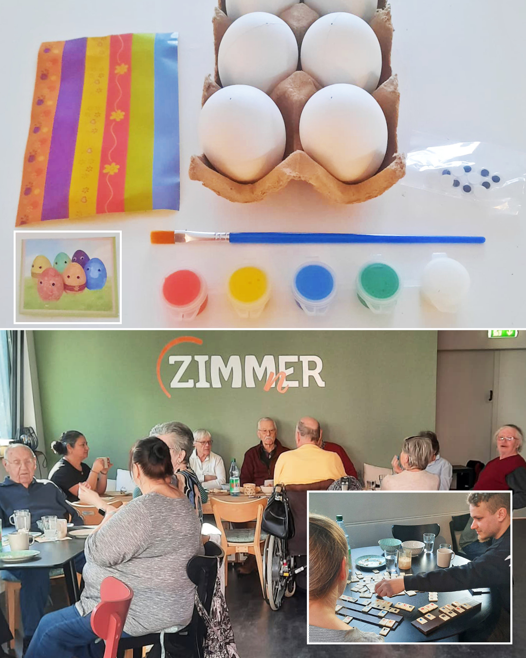 Auf dem Foto sieht man die hübsch bemalten Ostereier und die Teilnehmer beim bemalen