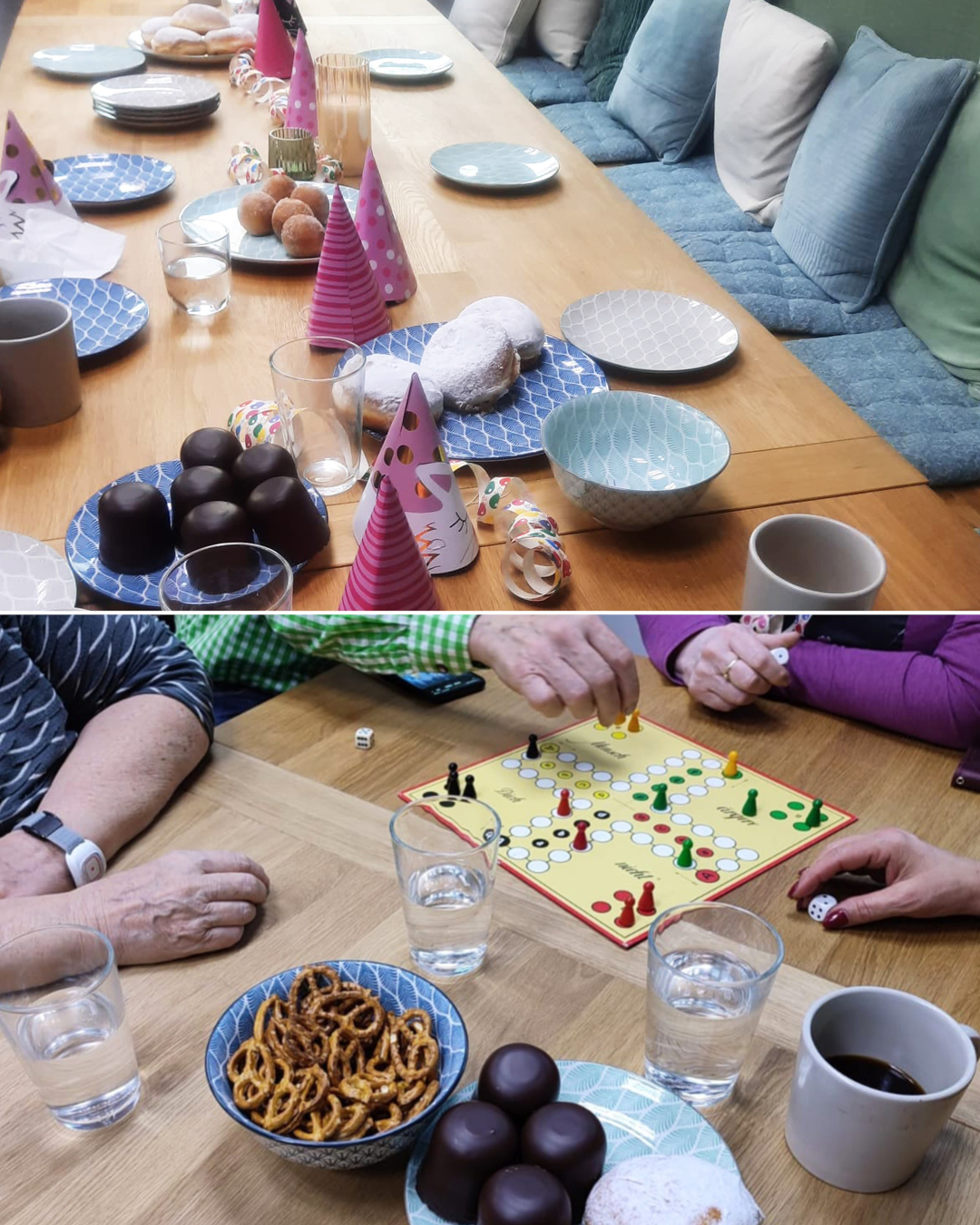 Café kreativ – freitags im ZIMMnER Auf dem einen Foto sind Kräppel und Luftschlangen zu sehen, auf dem anderen Teilnehmende beim Spielen