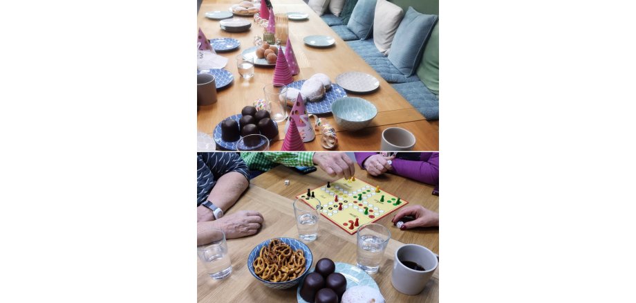 Café kreativ – freitags im ZIMMnER Auf dem einen Foto sind Kräppel und Luftschlangen zu sehen, auf dem anderen Teilnehmende beim Spielen