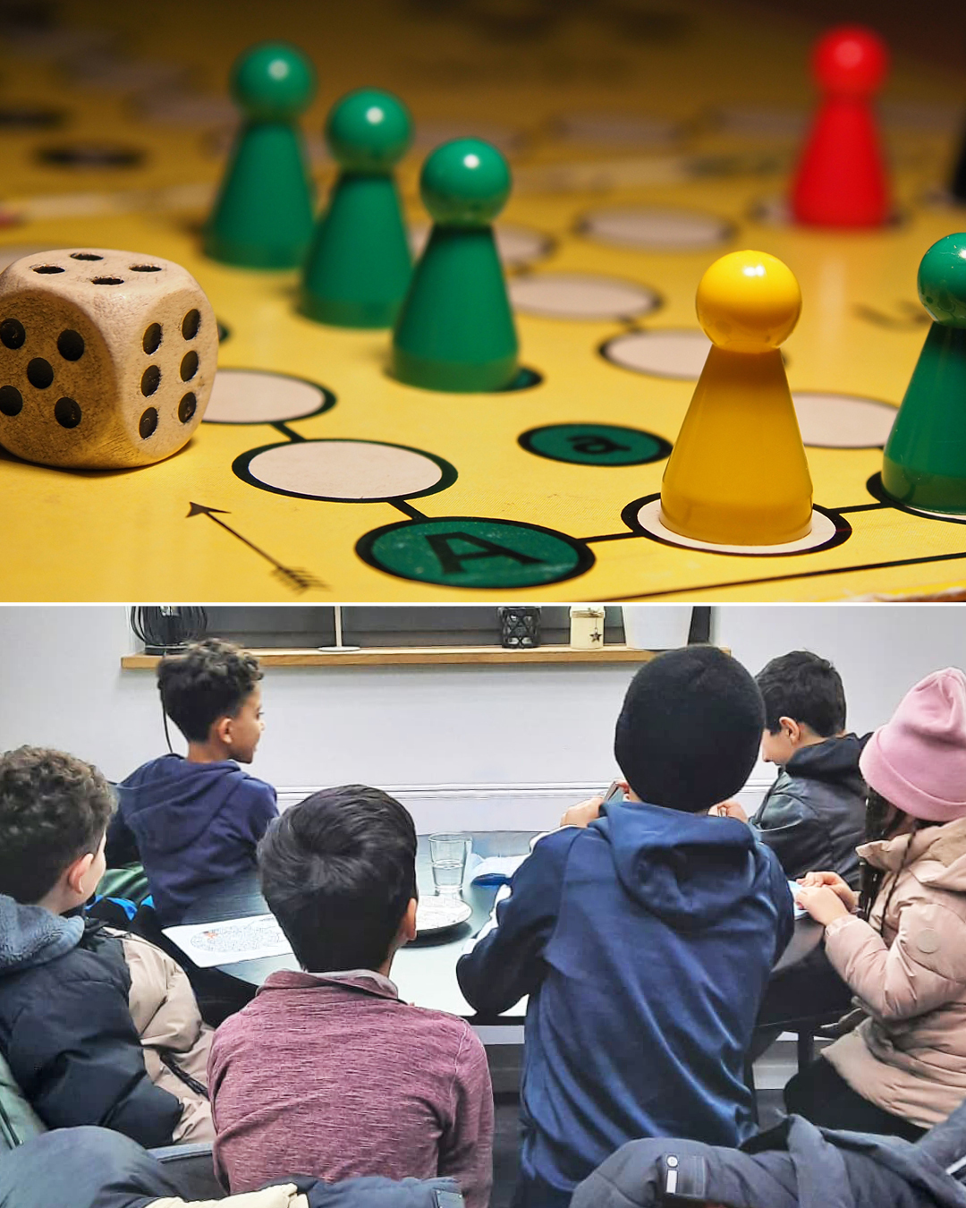 Café kreativ – freitags im ZIMMnER Auf dem Foto sieht man ein Spiel und eine Gruppe Kinder an einem Tisch