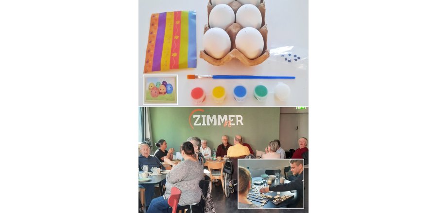 Auf dem Foto sieht man ein Spiel und eine Gruppe Kinder an einem Tisch 