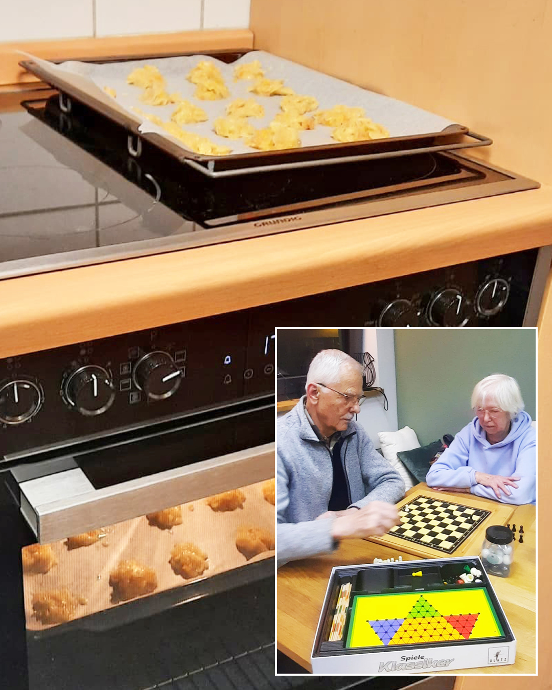 Café kreativ – freitags im ZIMMnER Im großen Foto sieht man Plätzchen im Backofen, im kleinen Foto zwei Teilnehmende beim Mühlespielen