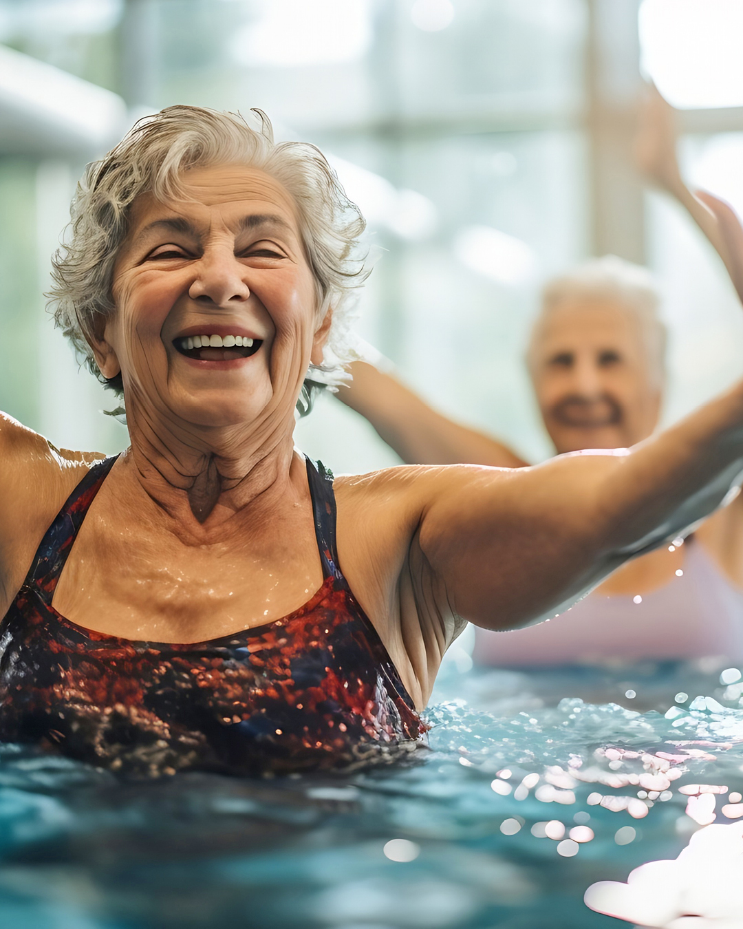REHA-Sporttage Im Foto sind zwei ältere Damen, die Wassergymnastik machen, zu sehen.
