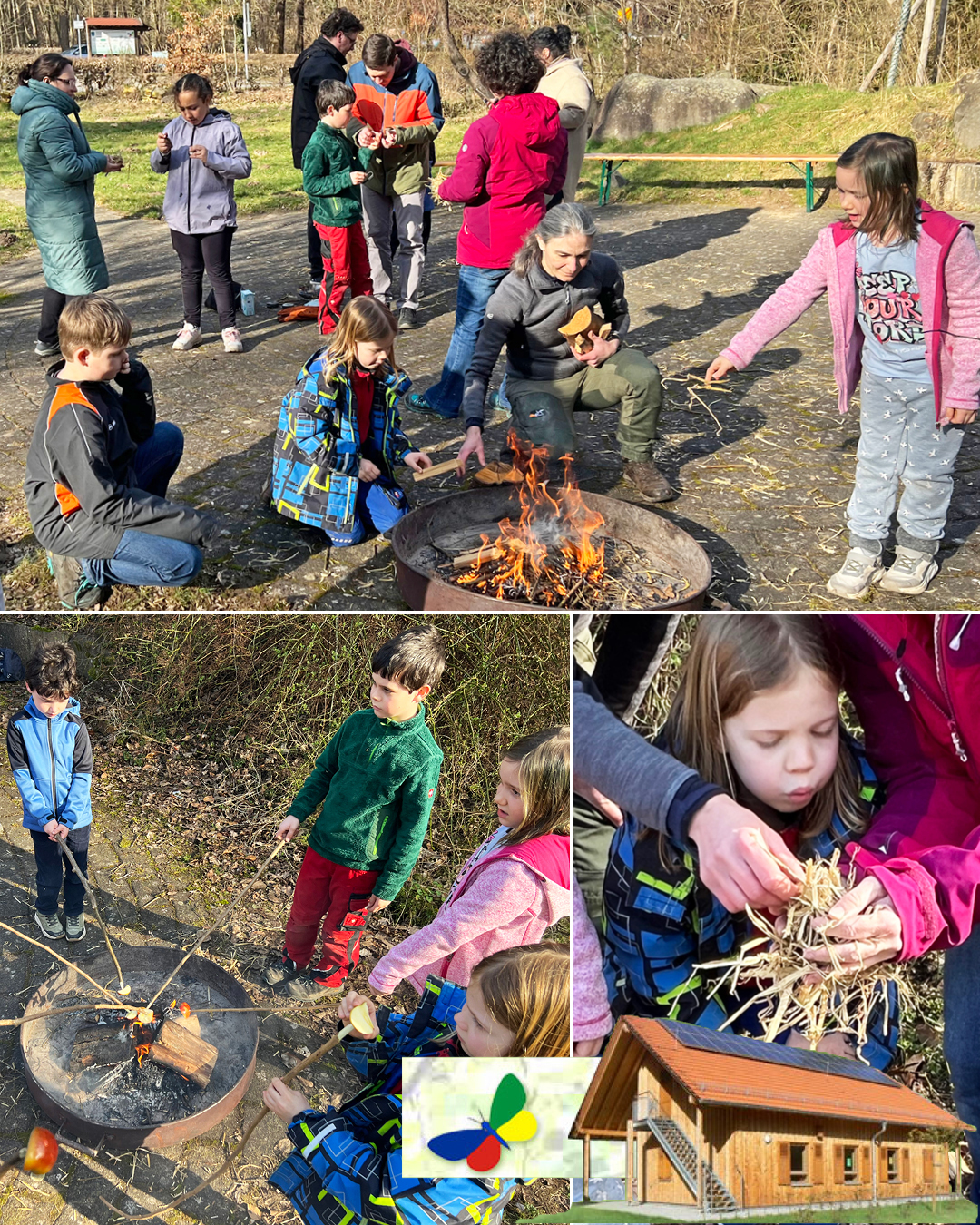 Wir machen Feuer Die Fotos zeigen die Kinder mit Stöcken am Lagerfeuer