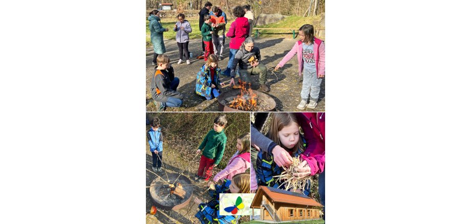 Wir machen Feuer Die Fotos zeigen die Kinder mit Stöcken am Lagerfeuer