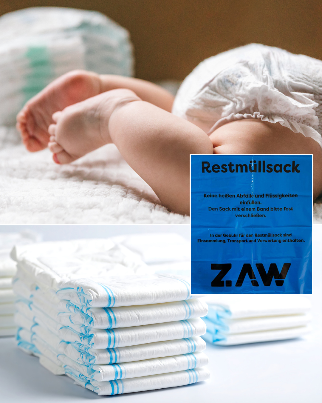 Auf den Fotos ist ein Babypo mit Windel, Windeln für Erwachsene und ein ZAW-Müllsack zu sehen