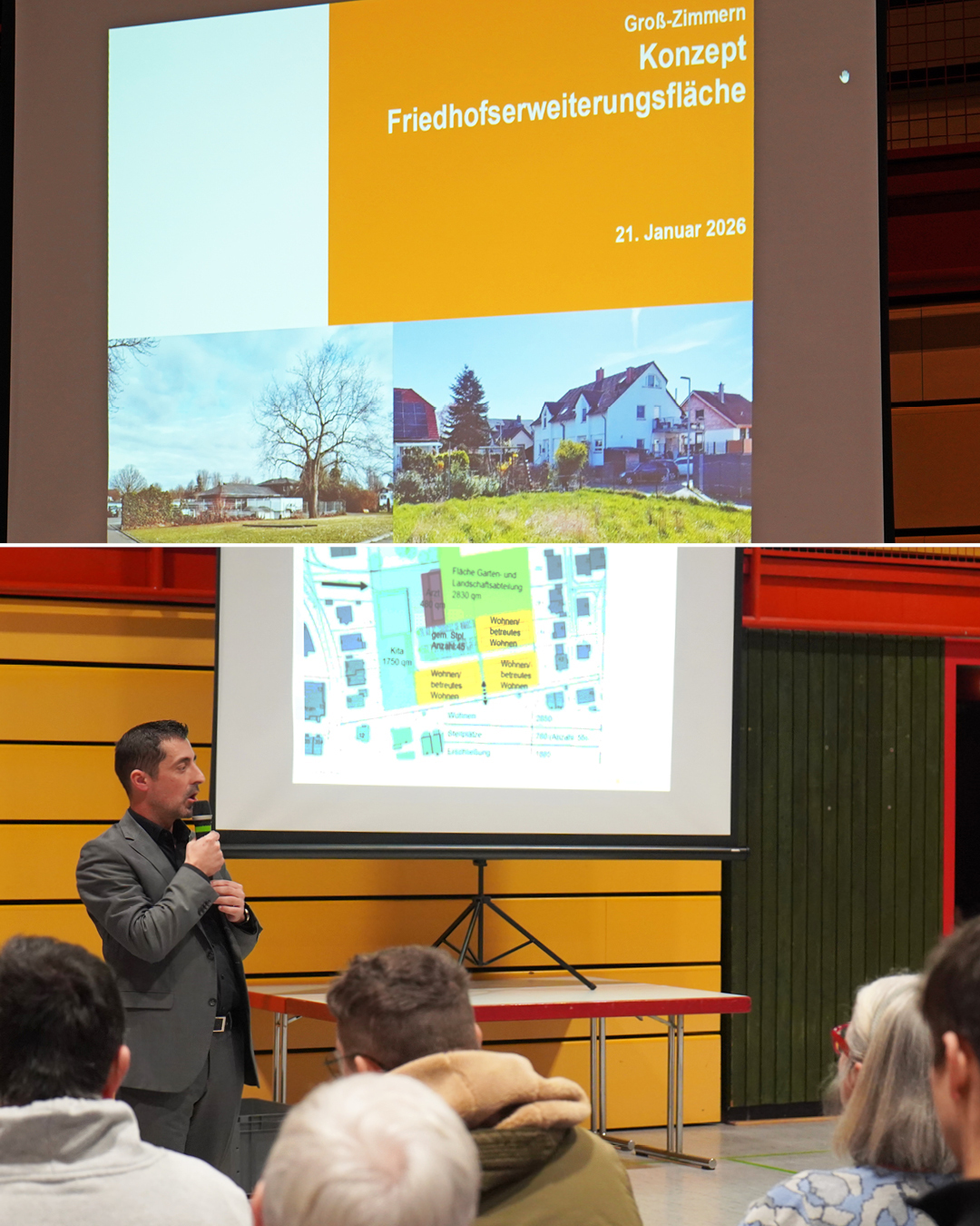 Auf den Fotos sind die Präsentation und die Interessierten auf der Bürgerversammlung zu sehen